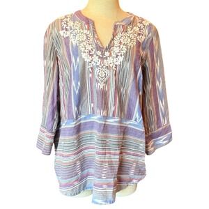 Coldwater‎ Creek Embroidered Cotton Tunic Top Striped Boho Blouse Large